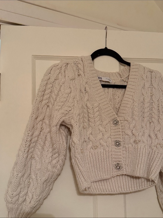 Zara Sweaters - Zara Cream Cable-Knit Pearl Embellished Cardigan